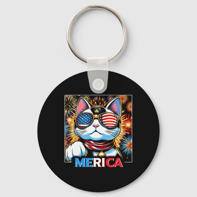 Chaveiro Fireworks Patriótico Maneki Neko Cat Merica (Frente)