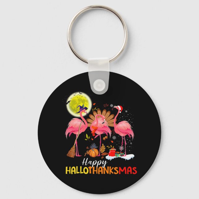 Chaveiro Flamingo Bonito HalloThanksmas Feliz Dia das Bruxa (Frente)