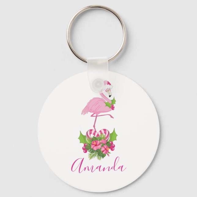 Chaveiro Flamingo cor-de-rosa no Natal Whimsso de Santa Hat (Frente)