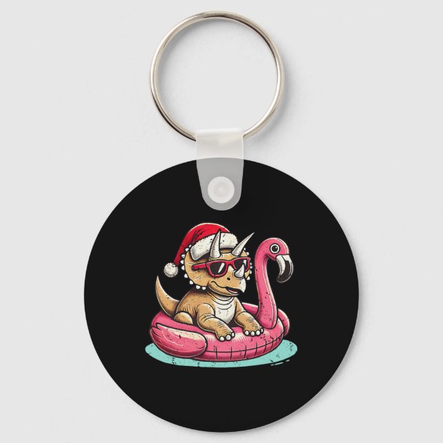 Chaveiro Flamingo de Natal Engraçado de Triceratops no Mês  (Frente)