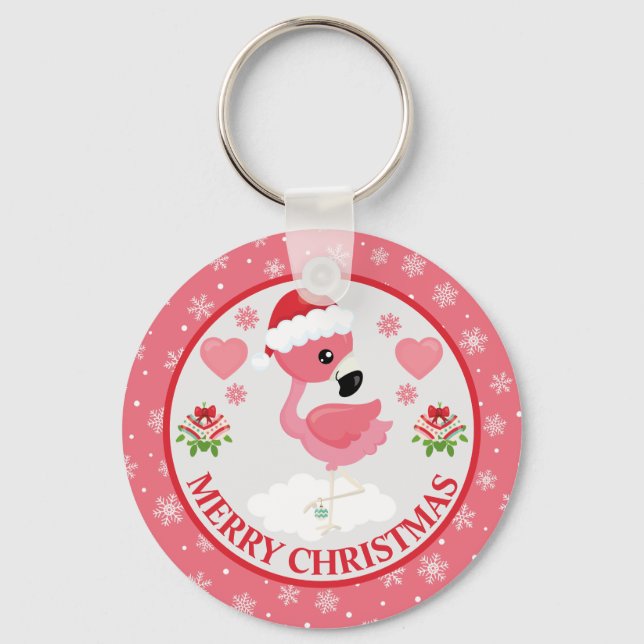 Chaveiro Flamingo de Natal Rosa e Vermelho de Inverno (Frente)