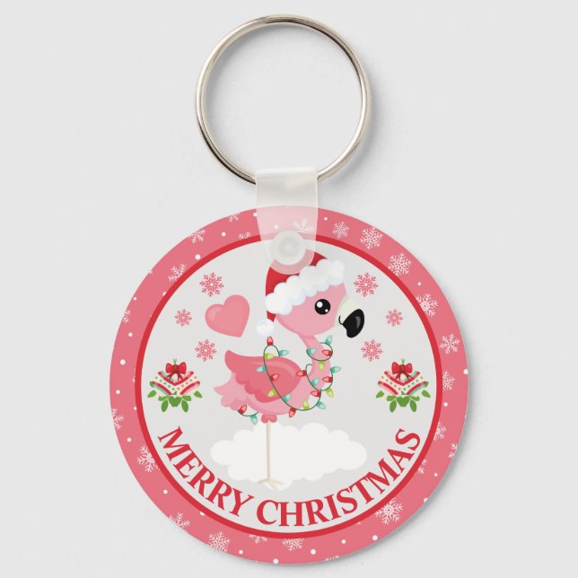 Chaveiro Flamingo de Natal Rosa e Vermelho de Inverno (Frente)
