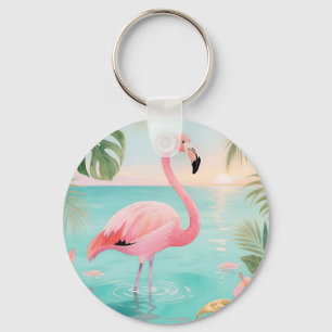Chaveiro Flamingo Pôr do Sol Tropical Aquarela