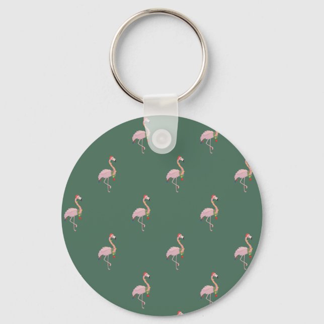 Chaveiro Flamingo Rosa Adorável Com Chapéu de Papai Noel, V (Frente)