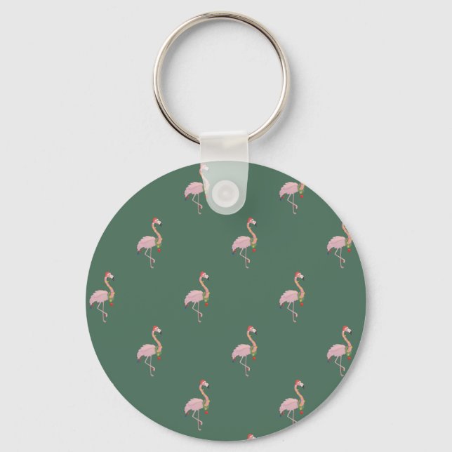 Chaveiro Flamingo Rosa Adorável Com Chapéu Santa, Verde (Frente)