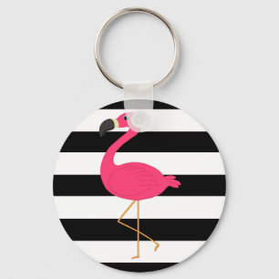 Chaveiro Flamingo Rosa-Rosa-Stripe Preto e Branco