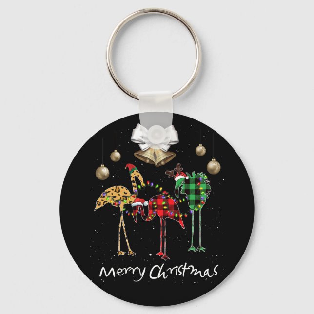 Chaveiro Flamingo Santa Hat Reindeer Horns Xadrez Xmas Ligh (Frente)
