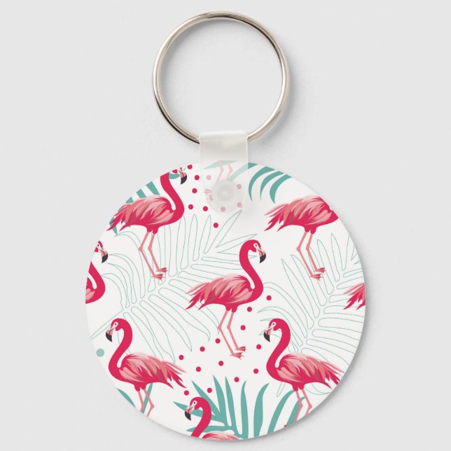 Chaveiro Flamingo tropical e folhas, padrão de verão. (Frente)