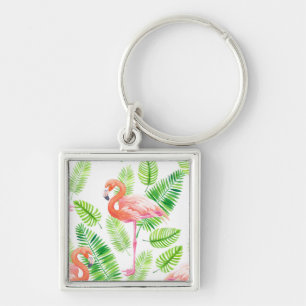 Chaveiro Flamingos e folhas tropicais