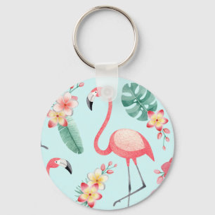 Chaveiro Flamingos Flores Tropicais Padrão de Aquarela
