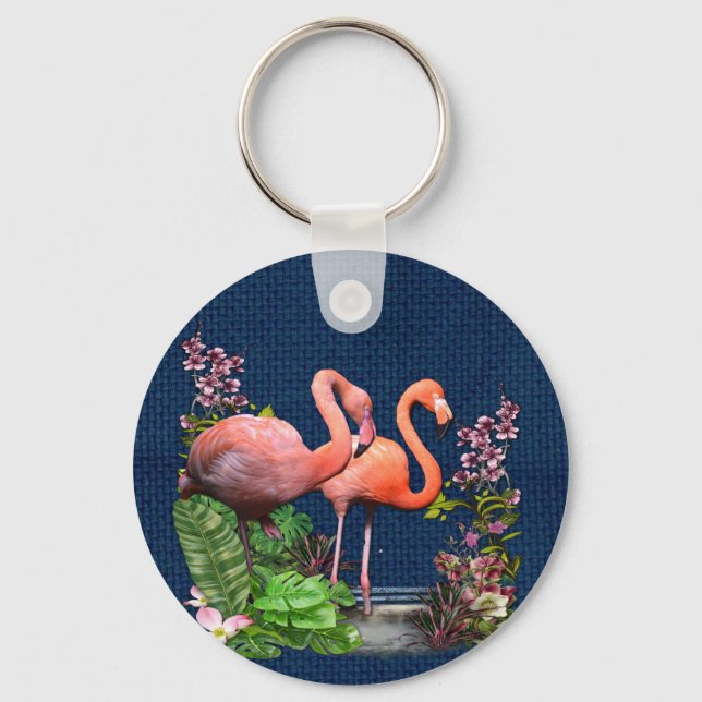 Chaveiro Flamingos rosa no Tecido azul clássico (Frente)
