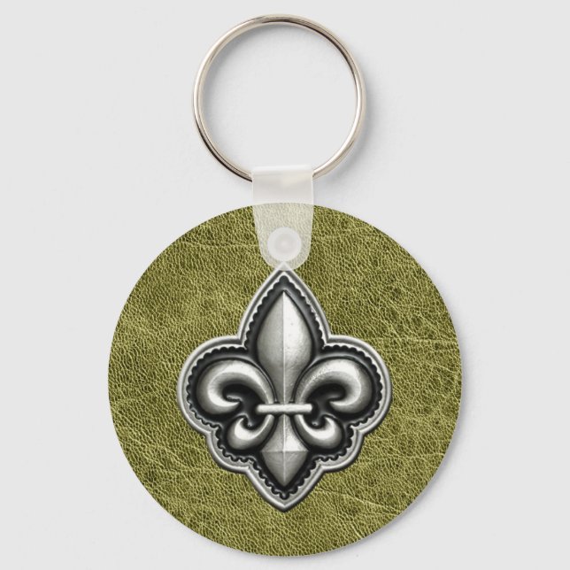 Chaveiro Fleur de Lis Silver sobre o olhar de couro verde (Frente)