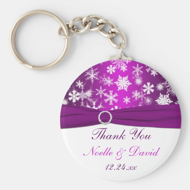 Chaveiro Flocos de neve roxos e brancos Favor de Casamento  (Frente)