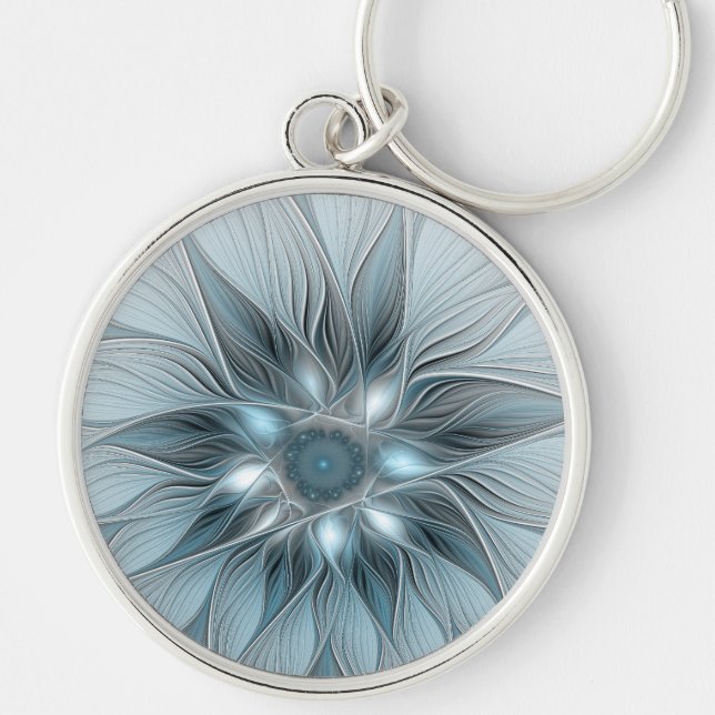 Chaveiro Flor Abstrata Alegre Azul Cinza Fractal Floral (Frente)