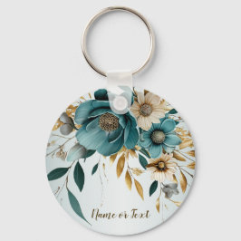 Chaveiro Flor Branca Turquesa Folhas Douradas Elegante