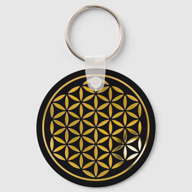 Chaveiro Flor Da Vida 1 - Carimbo Dourado | preto (Frente)