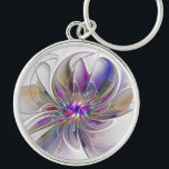 Chaveiro Flor de Arte Abstrato, Enérgica e Colorida<br><div class="desc">Uma flor de fantasia multicolorida e poderosa, um Design de Arte Fractal floral único para o seu chaveiro redondo e muito mais.</div>