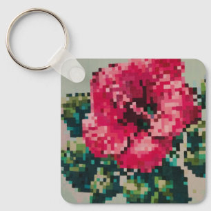 Chaveiro Flor de hibisco rosa em arte pixel