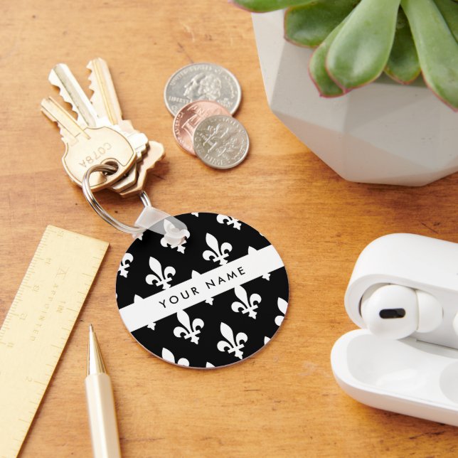 Chaveiro Flor de Lis, Branco sobre Preto, Branco, Seu Nome (Mesa)
