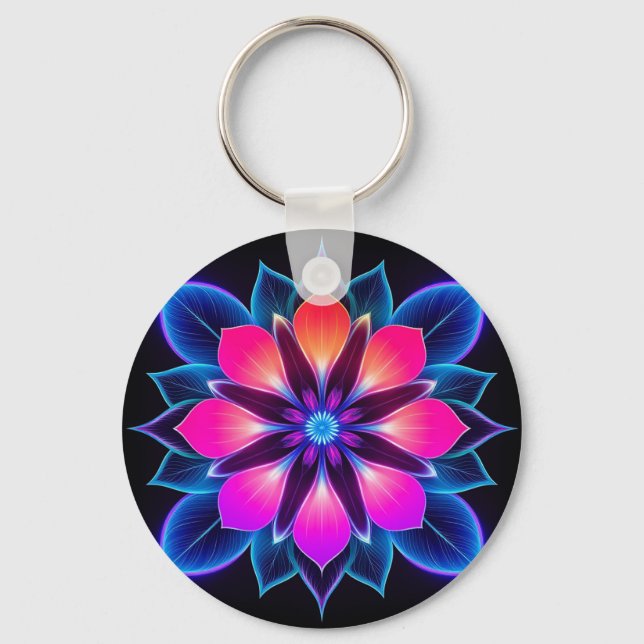 Chaveiro Flor de Neon com Padrões de Luz Azul (Frente)