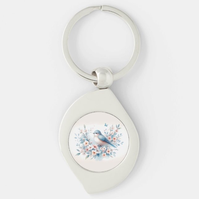 Chaveiro Flor de Pássaro Azul Aquarela Serenidade (Frente)
