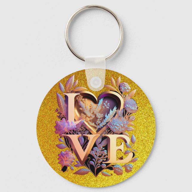 Chaveiro Flor Elegante, Amor Coração e Ouro (Frente)