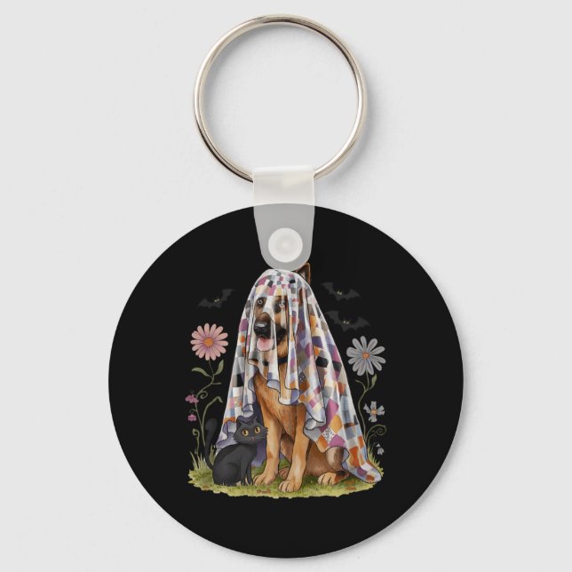 Chaveiro Flor Fantasma de Patchwork Assustador Pastor Alemã (Frente)