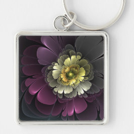 Chaveiro Flor Fractal Abstrata Moderna Purpura Cinza Khaki