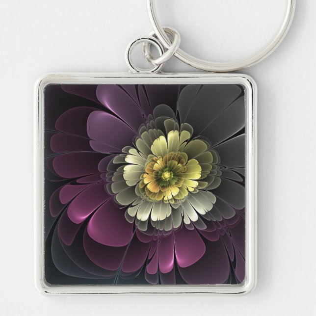 Chaveiro Flor Fractal Abstrata Moderna Purpura Cinza Khaki (Frente)
