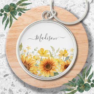 Chaveiro Flor Girassol Amarelo Monograma Floral Botânico