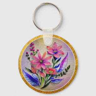 Chaveiro Flor I Watercolor Rosa e Flor Roxa Elegante
