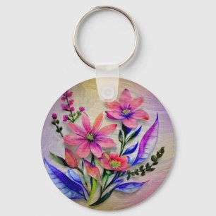 Chaveiro Flor I Watercolor Rosa e Flor Roxa Elegante