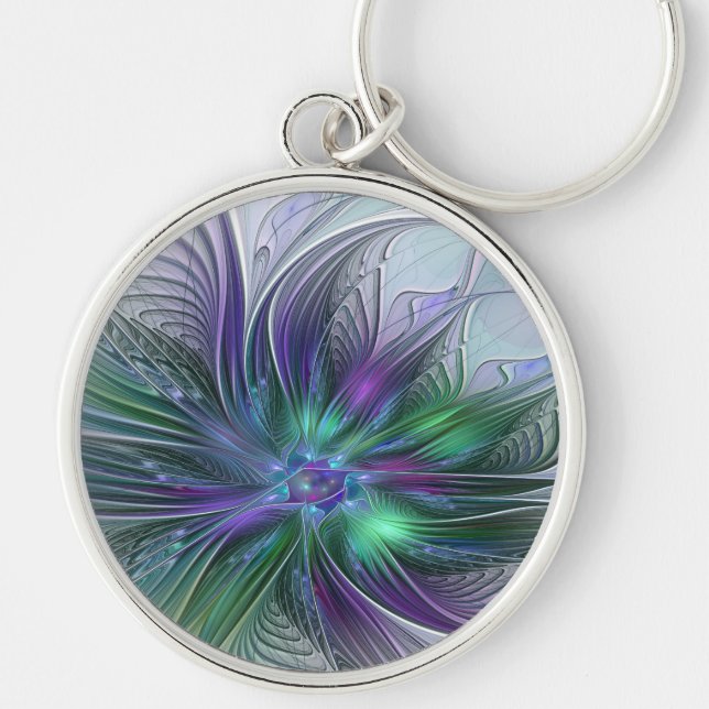 Chaveiro Flor Moderna Abstrata Fractal Verde Roxo (Frente)
