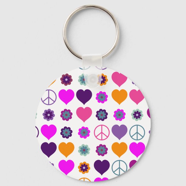 Chaveiro Flor Power Heart Peace Pattern + seu backgr. (Frente)