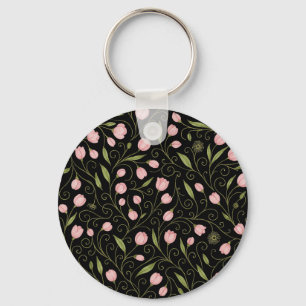 Chaveiro Flor rosa e branca a preto com padrão repetitivo