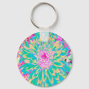 Chaveiro Flor Verde-Teal-Quente e Dália Rosa-Quente