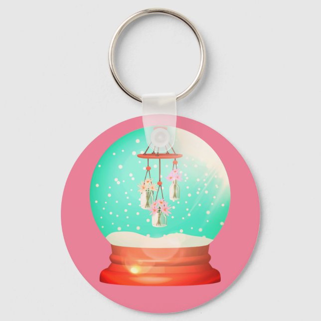 Chaveiro Flor windchime neve globo bonito de inverno rosa (Frente)