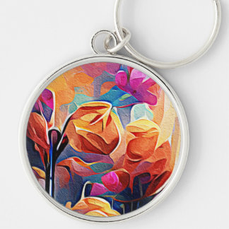 Chaveiro Floral Abstrato Art Laranja Vermelho Azul Flores