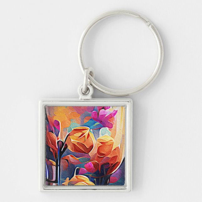 Chaveiro Floral Abstrato Art Laranja Vermelho Azul Flores (Frente)
