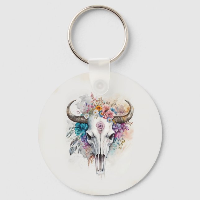 Chaveiro Floral Bull Skull Watercolor Art (Frente)