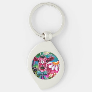 Chaveiro Floral Caprichoso Vaca Rosa Azul Escuro Personaliz