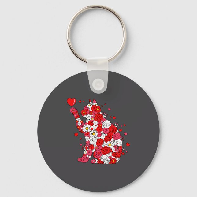 Chaveiro Floral Cat Heart Valentines Day Meow Kitty Kitten  (Frente)