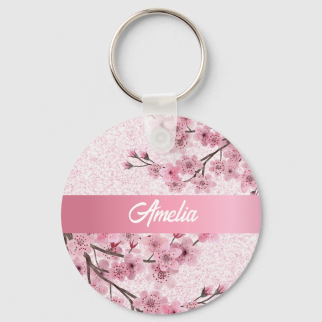 Chaveiro Floral Cerejeira Blossomas Faux Pastel Rosa Glitte (Frente)