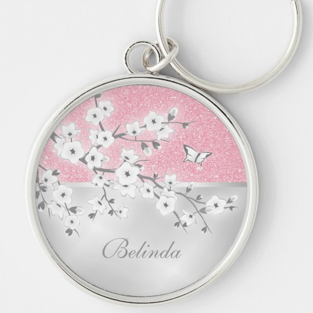 Chaveiro Floral Cherry Blossoms Pink Glitter Monogram (Frente)