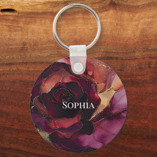 Chaveiro Floral Dourado Rosa Brilhante