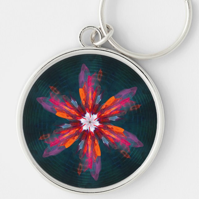 Chaveiro Floral Flores de Mandala Laranja Vermelho Abstrato (Frente)