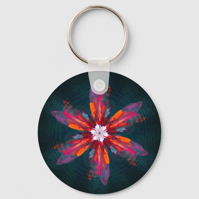 Chaveiro Floral Flores de Mandala Laranja Vermelho Abstrato (Frente)