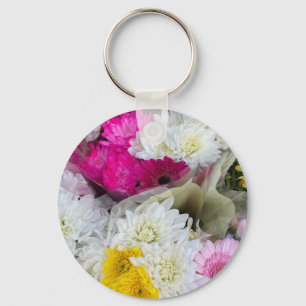 Chaveiro Floral Pastel Rosa, Amarelo e Branco Crisântemo