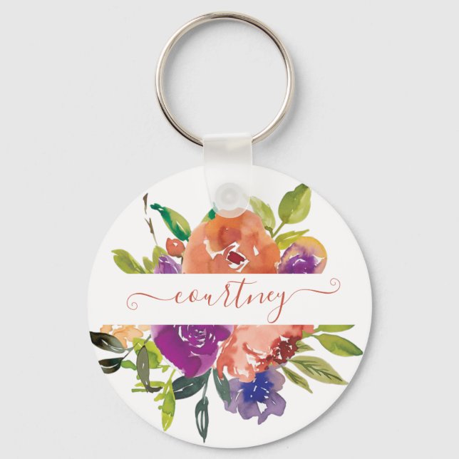 Chaveiro Floral personalizado com aguarela roxa e laranja  (Frente)