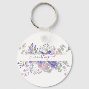 Chaveiro Floral personalizado com aquarela rosa e roxa  